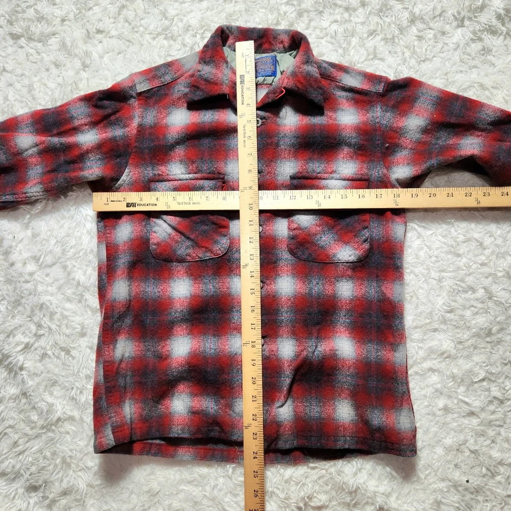 Vintage Pendelton Boys M Wool Shadow Plaid Button Up Shirt Red Black 60s USA